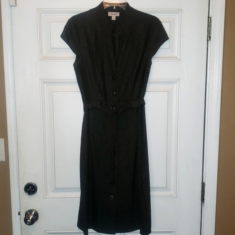 Gray button down dress with tie belt.